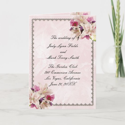 White Lily Floral Pink Marble Wedding Program Kaar Kaart (Voorkant)