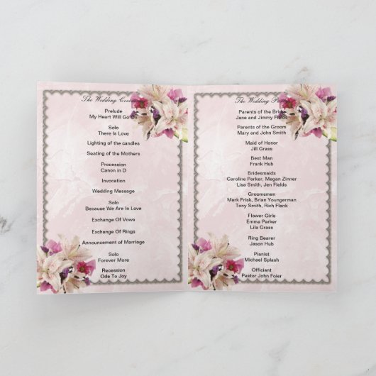White Lily Floral Pink Marble Wedding Program Kaar Kaart (Binnen)