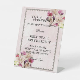 White Lily Floral Pink Marble Wedding Safety Reclamebord Met Voetstuk