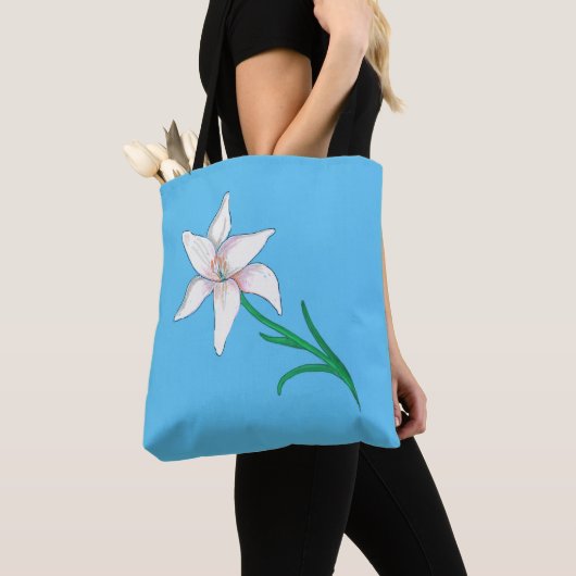 White Lily Flower Sky Blue Tote Bag (Dichtbij)