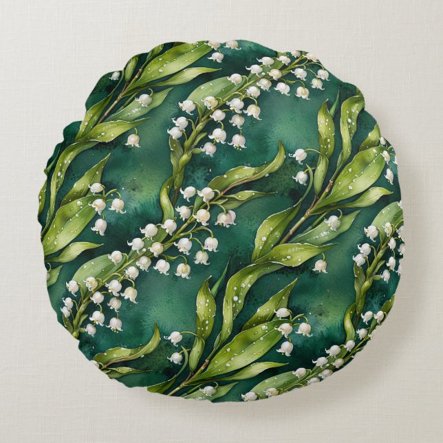 White Lily of the Valley on Teal Rond Kussen (Voorkant)