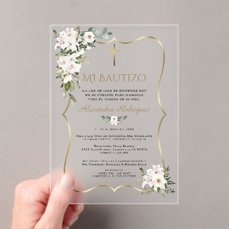White Lily Rose Bautizo Con Flores Gold Baptism  Acryl Uitnodigingen
