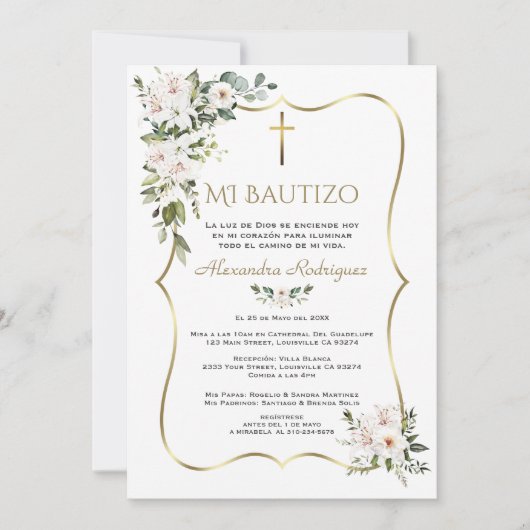 White Lily Rose Bautizo Con Flores Gold Baptism  Kaart (Voorkant)