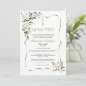 White Lily Rose Bautizo Con Flores Gold Baptism  Kaart (Staand voorkant)