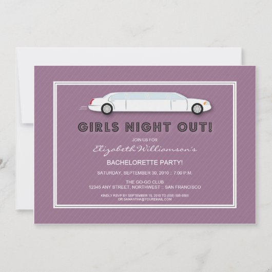 White Limo Bachelorette Party Invitation (paars) Kaart (Voorkant)