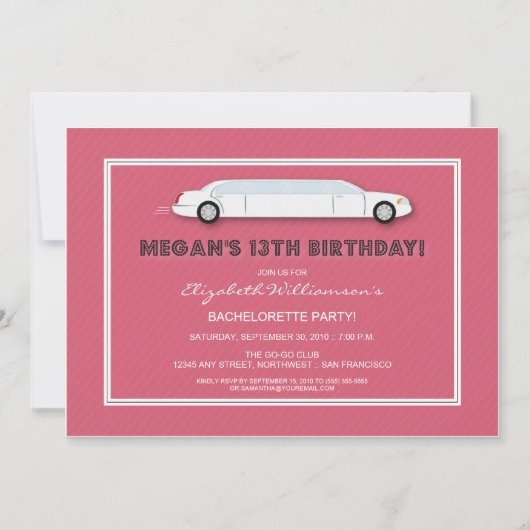 White Limo Birthday Party Invitation (roze) Kaart (Voorkant)