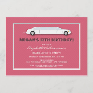 White Limo Birthday Party Invitation (roze) Kaart
