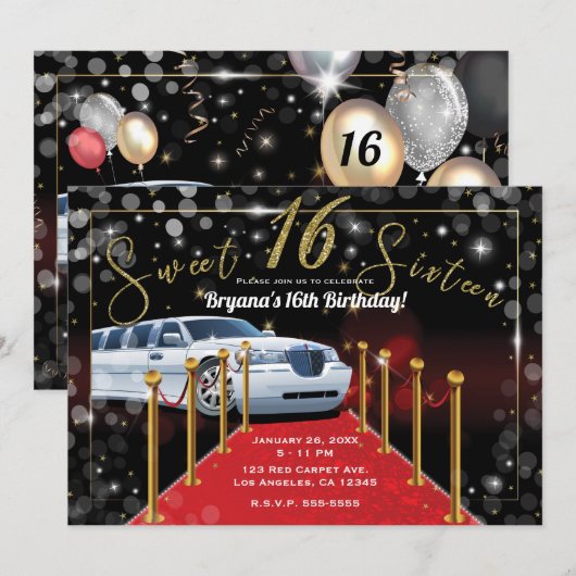 White Limo Red Carpet Hollywood Sweet 16 Party Kaart (Voorkant / Achterkant)