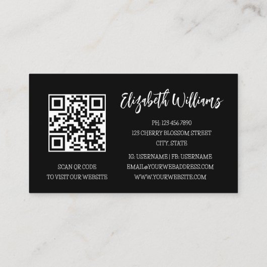 White line Art Floral Black Marmer QR Code Visitekaartje (Achterkant)
