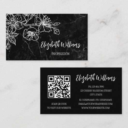 White line Art Floral Black Marmer QR Code Visitekaartje (Voorkant / Achterkant)
