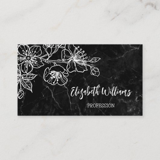 White line Art Floral Black Marmer QR Code Visitekaartje (Voorkant)