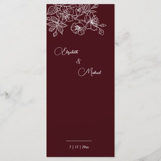 White Line Art Flowers Deep Burgundy Wedding Menu (Achterkant)