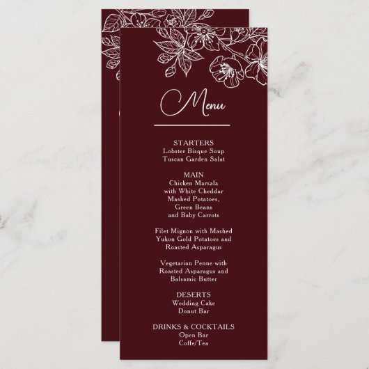 White Line Art Flowers Deep Burgundy Wedding Menu (Voorkant / Achterkant)