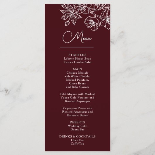 White Line Art Flowers Deep Burgundy Wedding Menu (Voorkant)