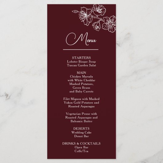 White Line Art Flowers Deep Burgundy Wedding Menu (Voorkant)
