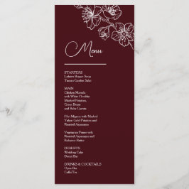 White Line Art Flowers Deep Burgundy Wedding Menu