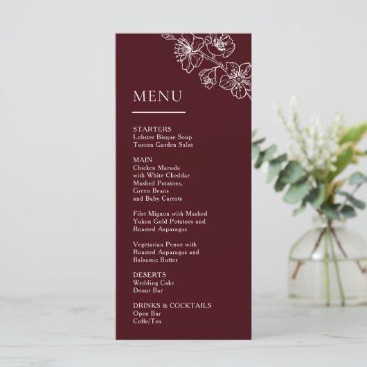 White Line Art Flowers Deep Burgundy Wedding Menu (Staand voorkant)