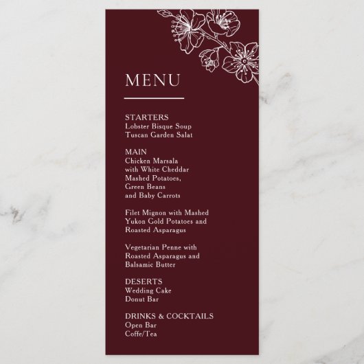 White Line Art Flowers Deep Burgundy Wedding Menu (Voorkant)