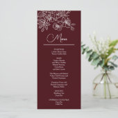 White Line Art Flowers Deep Burgundy Wedding Menu (Staand voorkant)