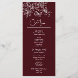 White Line Art Flowers Deep Burgundy Wedding Menu