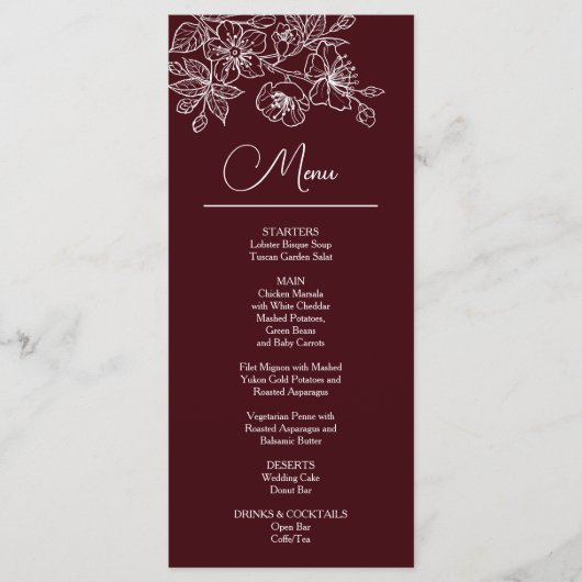 White Line Art Flowers Deep Burgundy Wedding Menu (Voorkant)