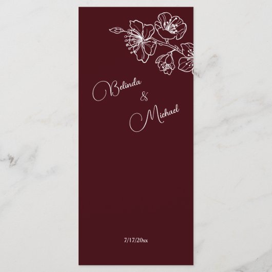 White Line Art Flowers Deep Burgundy Wedding Menu (Achterkant)
