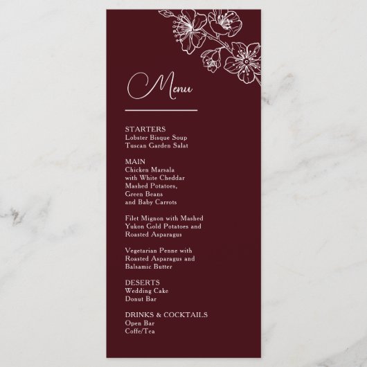 White Line Art Flowers Deep Burgundy Wedding Menu (Voorkant)
