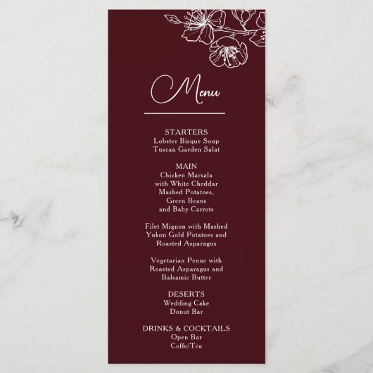 White Line Art Flowers Deep Burgundy Wedding Menu (Voorkant)