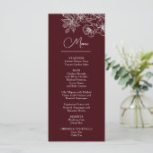 White Line Art Flowers Deep Burgundy Wedding Menu (Staand voorkant)