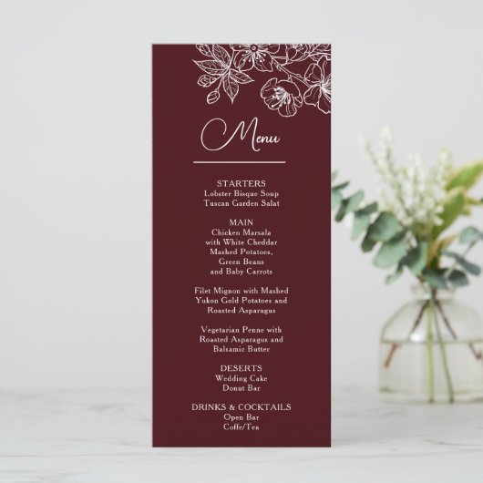White Line Art Flowers Deep Burgundy Wedding Menu (Staand voorkant)