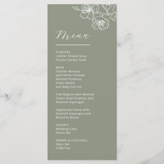 White Line Art Flowers Sage Green Wedding Menu (Voorkant)