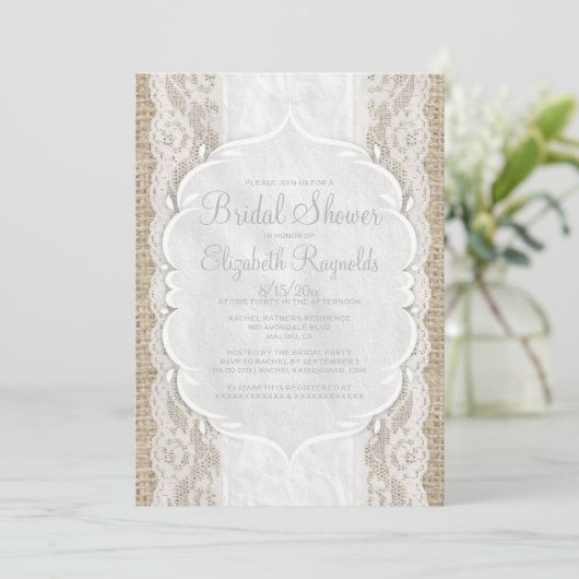 White Linen Burlap Lace Bridal Shower Invitations Kaart (Staand voorkant)