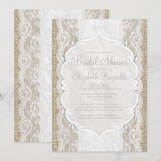 White Linen Burlap Lace Bridal Shower Invitations Kaart (Voorkant / Achterkant)