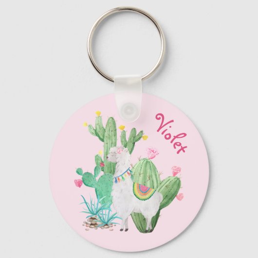 White Llama & Cactus w Flowers - Pastel Pink Sleutelhanger (Voorkant)