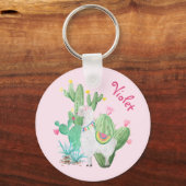 White Llama & Cactus w Flowers - Pastel Pink Sleutelhanger (Voorkant)