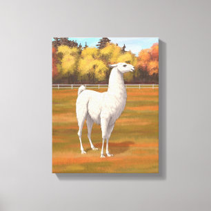 White Llama in Autumn Boerderij Pasture Canvas Afdruk