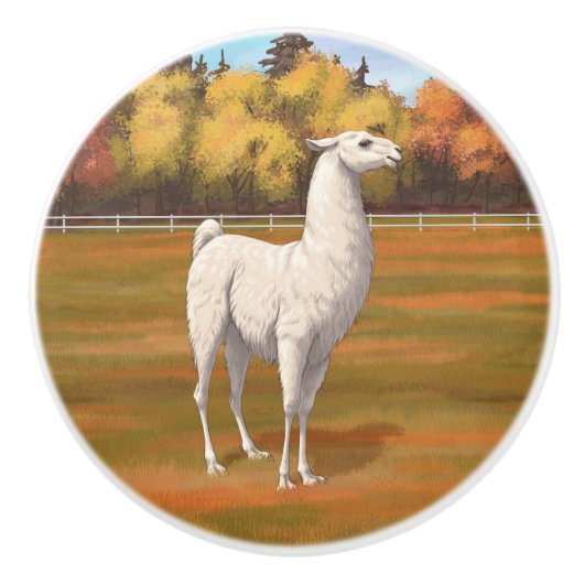White Llama in Autumn Boerderij Pasture Keramische Knop (Voorkant)