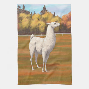 White Llama in Autumn Boerderij Pasture Theedoek