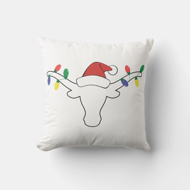 White Longhorn met kerstlampjes en Santa hat Kussen (Voorkant)