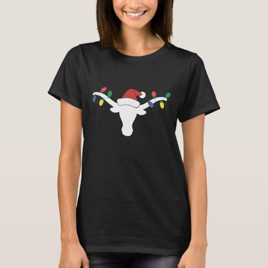 White Longhorn met kerstlampjes en Santa hat T-shirt (Voorkant)