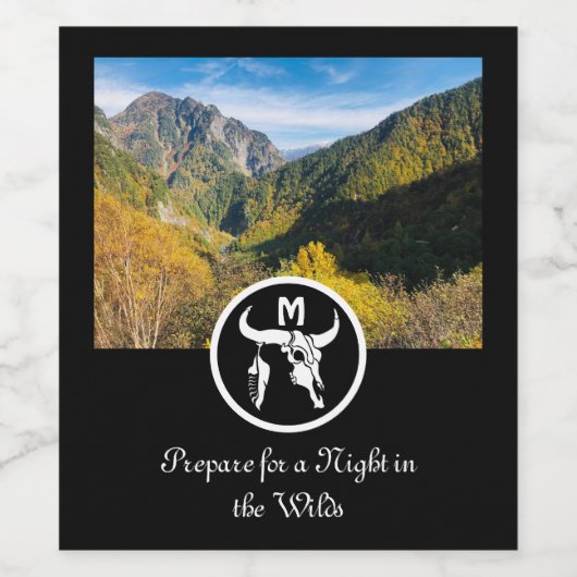 White Longhorn Skull Silhouette Monogram Foto Wijn Etiket (Enkel label)