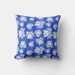 White Lotus Flower Pattern on Blue Background Kussen