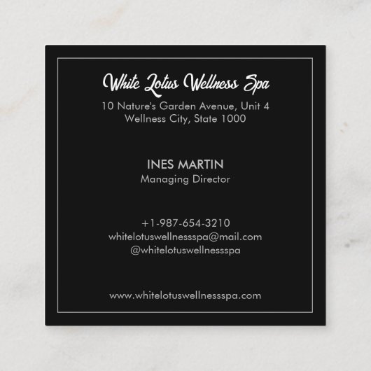 White Lotus in Water Wellness Spa Black Vierkante Visitekaartje (Achterkant)
