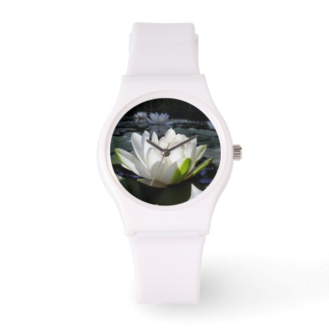 White Lotus on Sporty Watch, White Silicone Strap Horloge (Voorkant)
