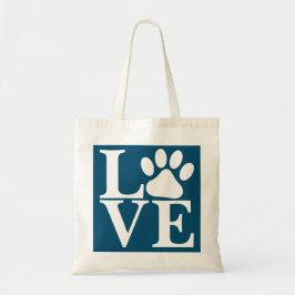 White LOVE Word Dog Paws Pattern op Dark Blauwgroe Tote Bag
