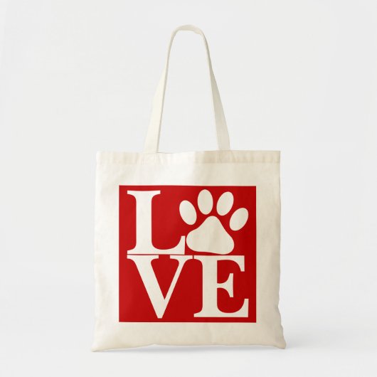 White LOVE Word Dog Paws Pattern op Red Background Tote Bag (Voorkant)