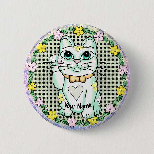 White Lucky Cat pin Ronde Button 5,7 Cm (Voorkant)