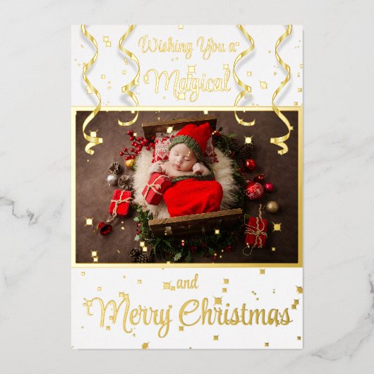 White Magical Photo Merry kerstgroet Folie Feestdagenkaart (Voorkant)