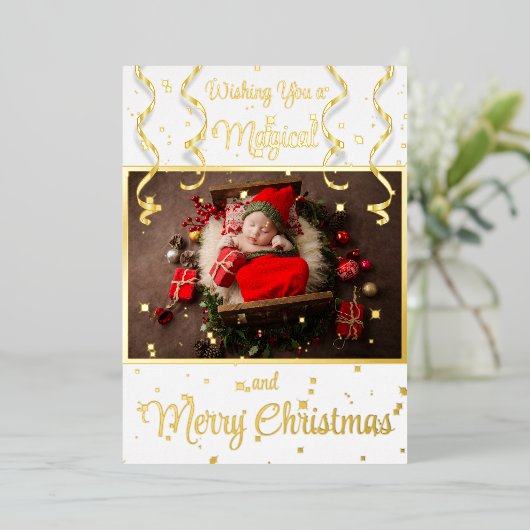 White Magical Photo Merry kerstgroet Folie Feestdagenkaart (Staand Voorkant)