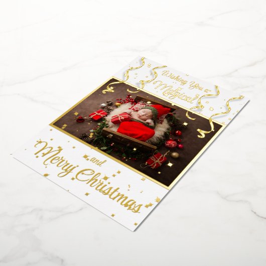 White Magical Photo Merry kerstgroet Folie Feestdagenkaart (Gedraaid)